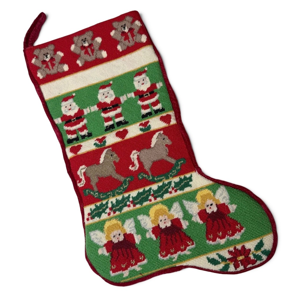 Handmade Needlepoint Christmas Stocking 21in Santa Angels Toys Red Velvet Lined